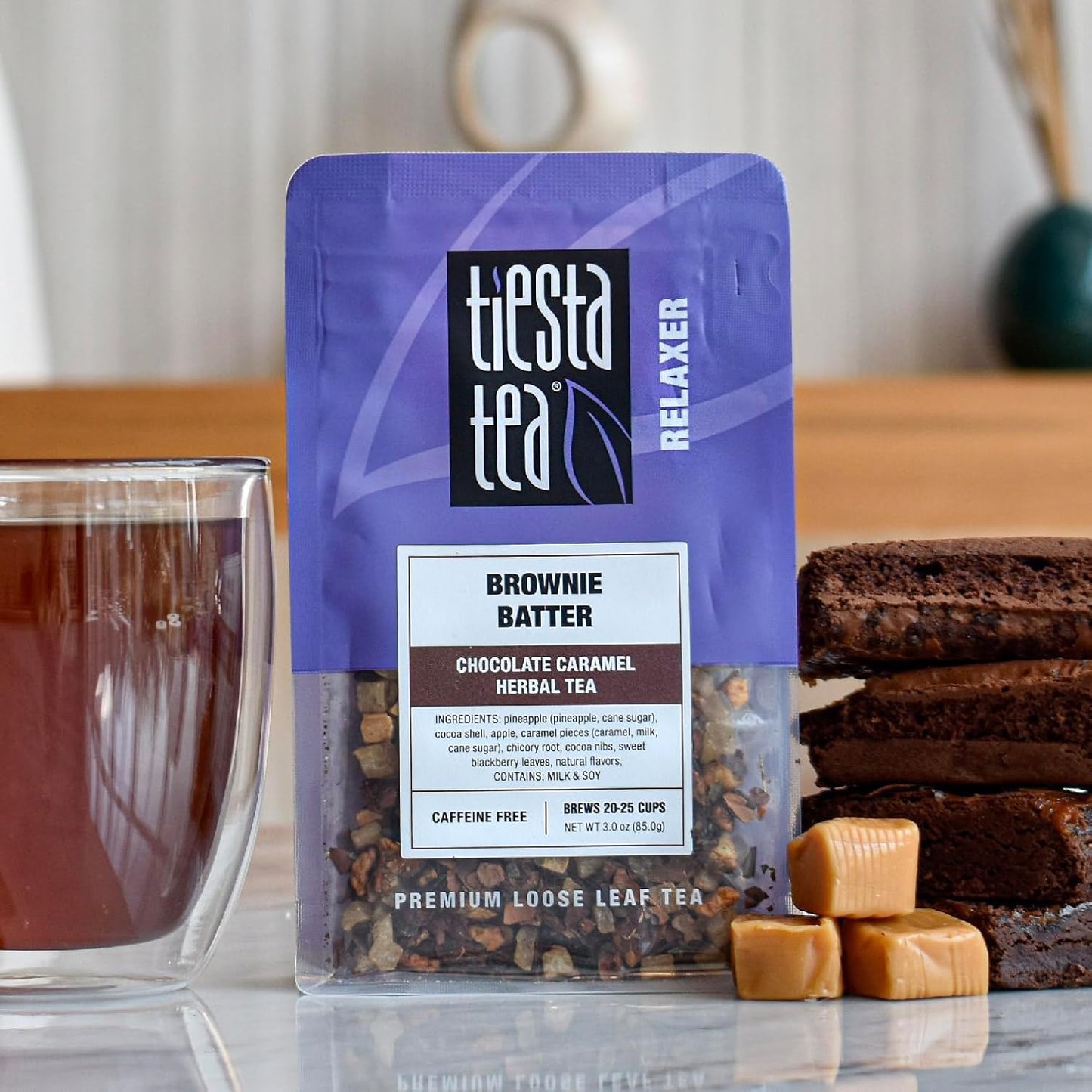 Tiesta Tea - Brownie Batter, Loose Leaf, Chocolate Caramel Herbal Tea | Non-Caffeinated Herbal Drink, Makes Hot or Iced Up to 20-25 Cups, 3oz Resealable Pouch