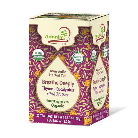 Adanim Bio Organic Herbal Tea Mullein Thyme & Eucalyptus Blend Caffeine Free 20 Individually Wrapped Bags