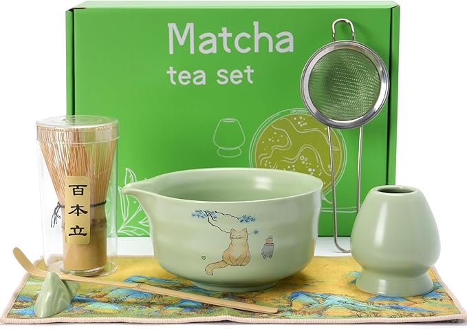 Matcha Whisk Set, Ceramic Matcha Set Includes Matcha Bowl, Matcha Whisk and Holder, Bamboo Scoop, Scoop Rest, Sifter and Tea Towel