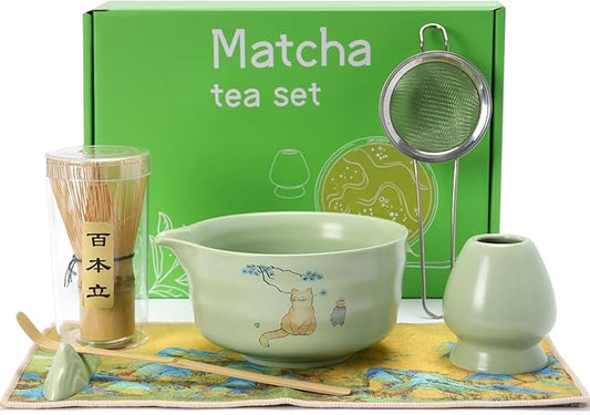 Matcha Whisk Set, Ceramic Matcha Set Includes Matcha Bowl, Matcha Whisk and Holder, Bamboo Scoop, Scoop Rest, Sifter and Tea Towel