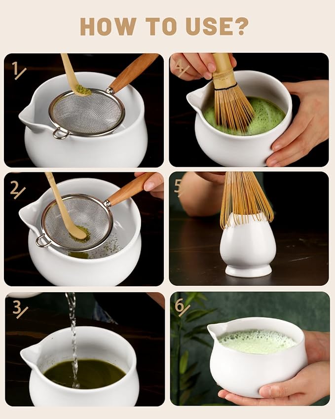 Nucookery Matcha Whisk Set - 5 Pcs Matcha Set with 18oz Ceramic Matcha Bowl (Chawan) with Spout, Bamboo Whisk & Holder, Scoop and Sifter