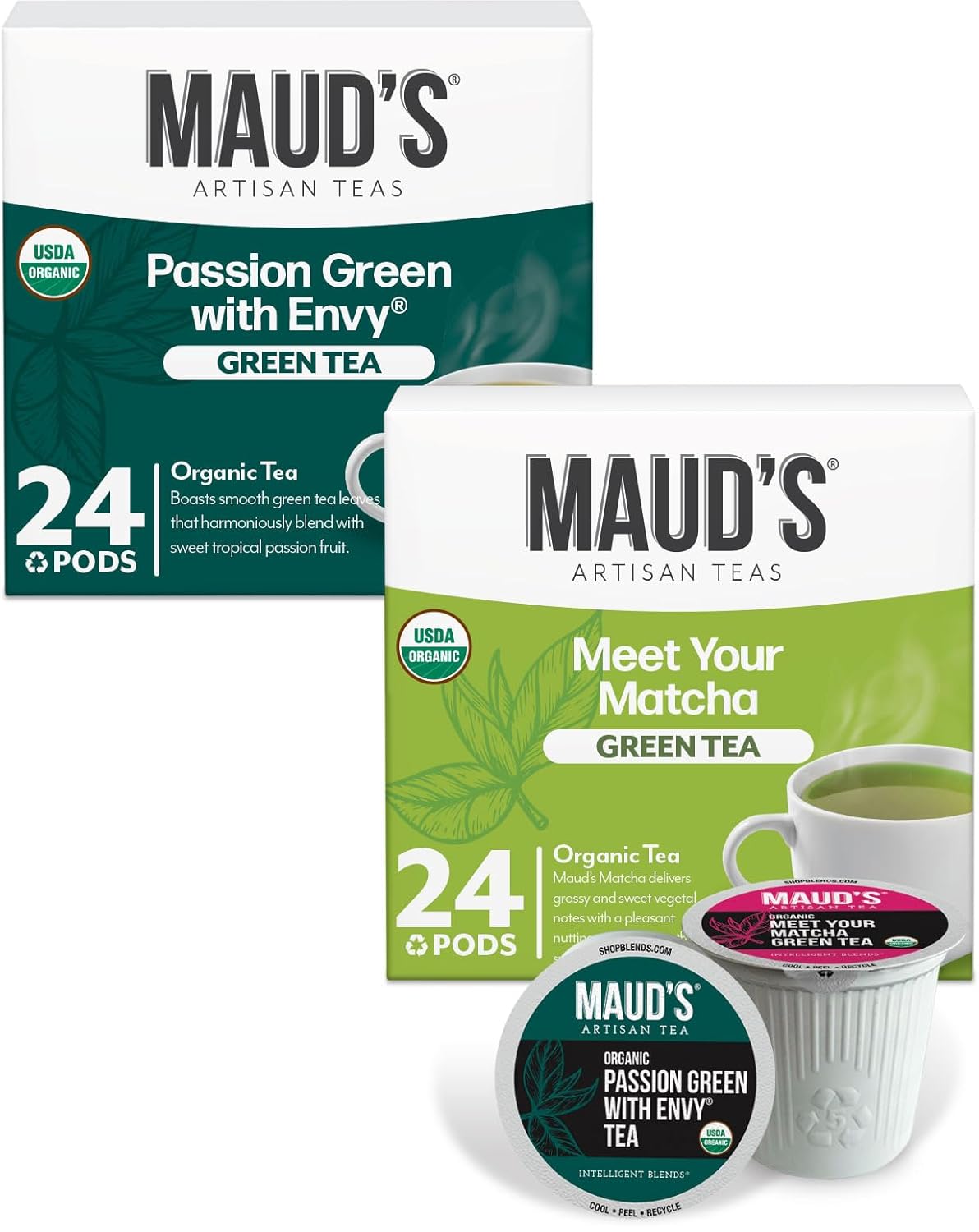 Maud's Organic Passion Green Tea Pods & Organic Matcha Green Tea Bundle, 48 ct, Single Serve Tea Pods – 100% Gourmet Blended Tea Leaves