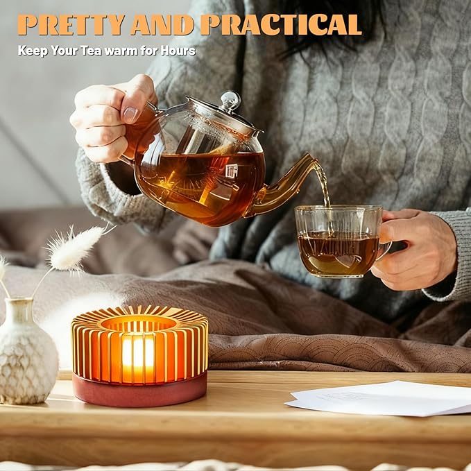Inmorven Teapot Warmer, Aluminum Tea Warmer with Wooden Base, Candle Heater for Heating Tea, Coffee, Milk, Food,Camping and Traveling