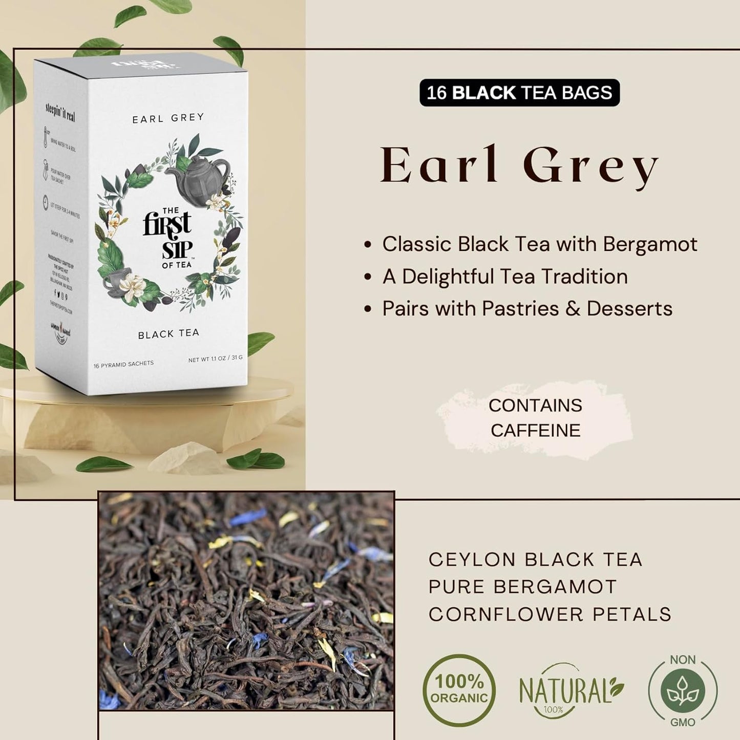Earl Grey Tea Bags, Pure Bergamot Oil, Caffeinated Black Tea w/Subtle Citrus, Natural - 16 Cups | The Spice Hut, First Sip