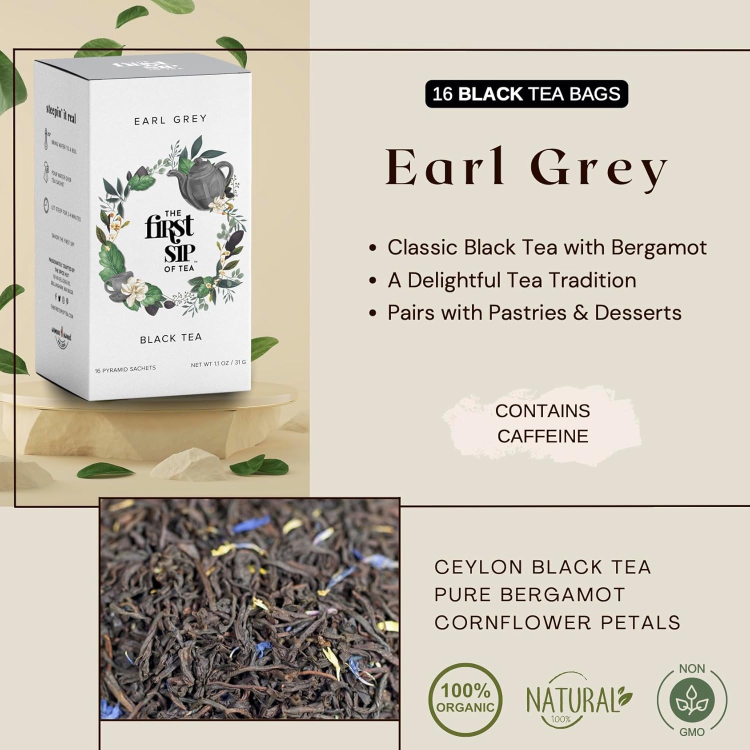 Earl Grey Tea Bags, Pure Bergamot Oil, Caffeinated Black Tea w/Subtle Citrus, Natural - 16 Cups | The Spice Hut, First Sip