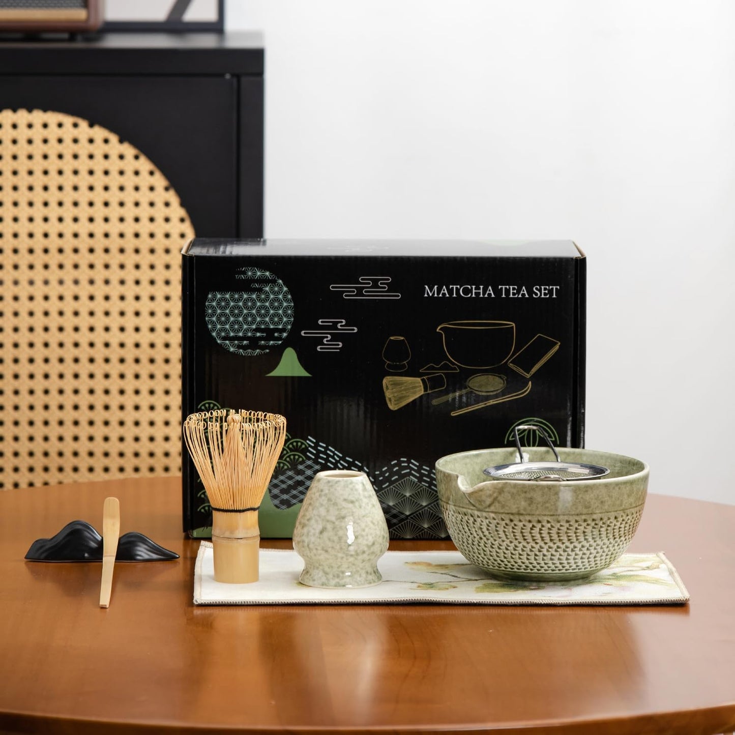 DWEHIXBUY matcha whisk set Ceremony Accessory, Matcha Whisk, Traditional Scoop (Chashaku), Tea Spoon, Whisk Holder, 1 tea bowl, 1 tea siev, 7pcs matcha set.matcha green matcha kit