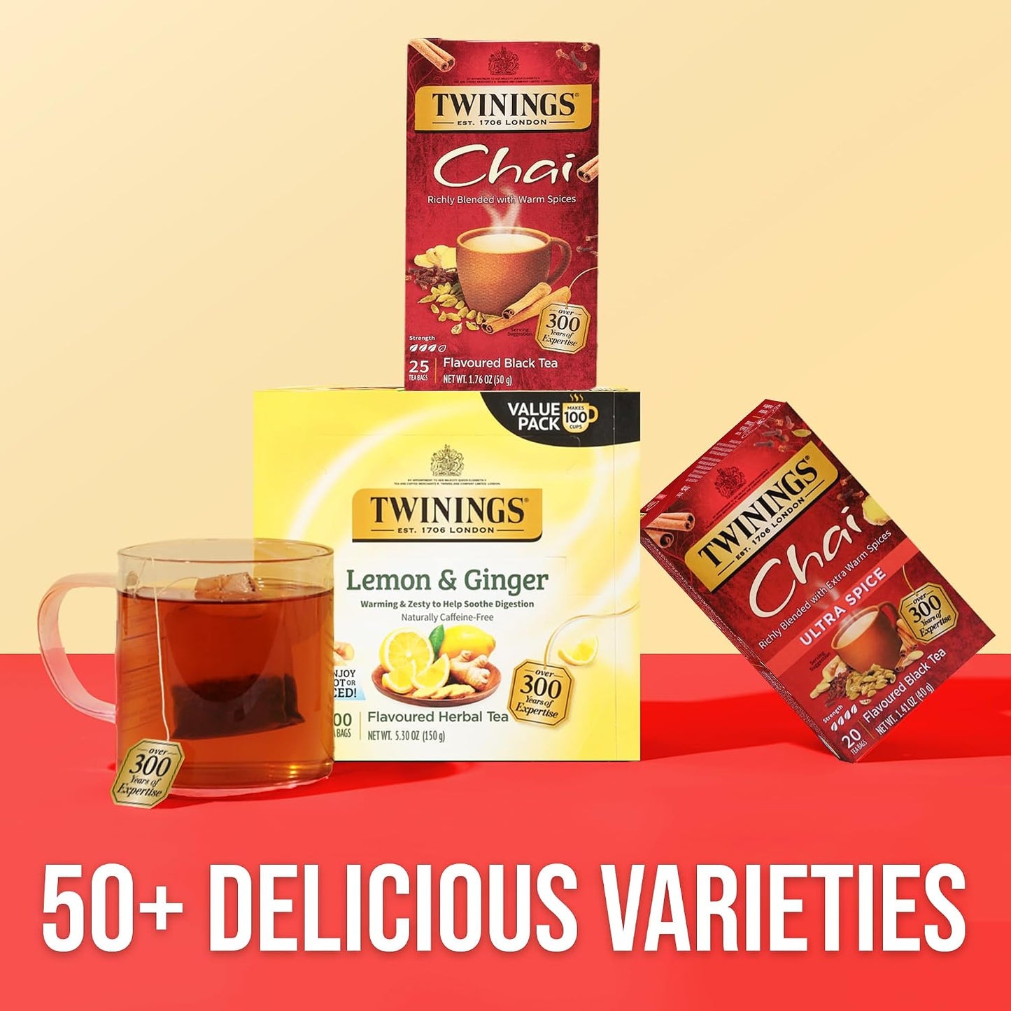 Twinings Chai Spiced Black Tea Bags, 25 CT Box (6 Pack) | Sweet &amp; Savoury, With Cinnamon, Ginger, Cardamom &amp; Clove, Naturally Caffeinated, 150 Foil Lined Individually Wrapped Bags