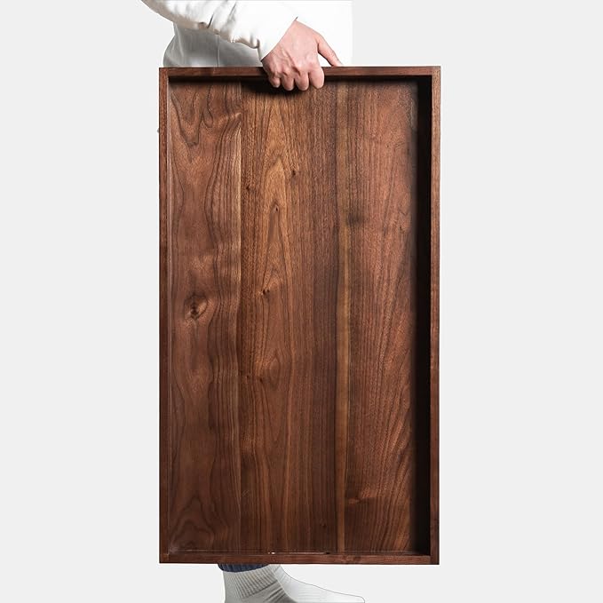 32"x18" XXL Wooden Ottoman Tray with Handle FSC Natural Handmade Rectangle Black Walnut Serving Tray Vintage Decorative Platters for Oversized