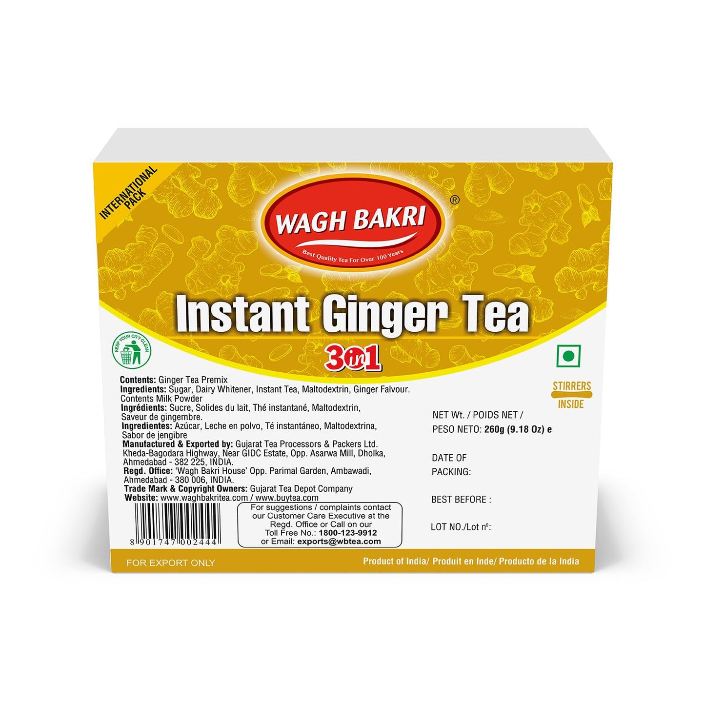 Wagh Bakri Instant Ginger Tea, 3 in 1, Just add Hot Water - 260 grams, 10 Sachets, Stirrers Inside [International Pack]