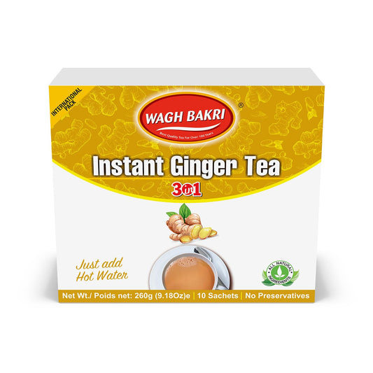 Wagh Bakri Instant Ginger Tea, 3 in 1, Just add Hot Water - 260 grams, 10 Sachets, Stirrers Inside [International Pack]