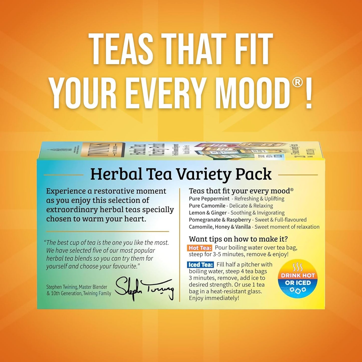 Twinings Herbal Tea Variety Pack, Assorted Tea Bags, 20 CT Box (1 Pack) | Assortment of 5 of Popular Herbals, Naturally Caffeine-Free, 20 Foil Lined Individually Wrapped Bags, Enjoy Hot or Iced