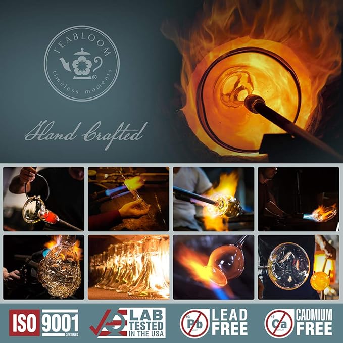 Teabloom Puresteep Glass Tea Infuser with Lid & Drip Tray – Non-Toxic Borosilicate Glass Loose Leaf Steeper with Stainless Steel Chain – Small or Large Size