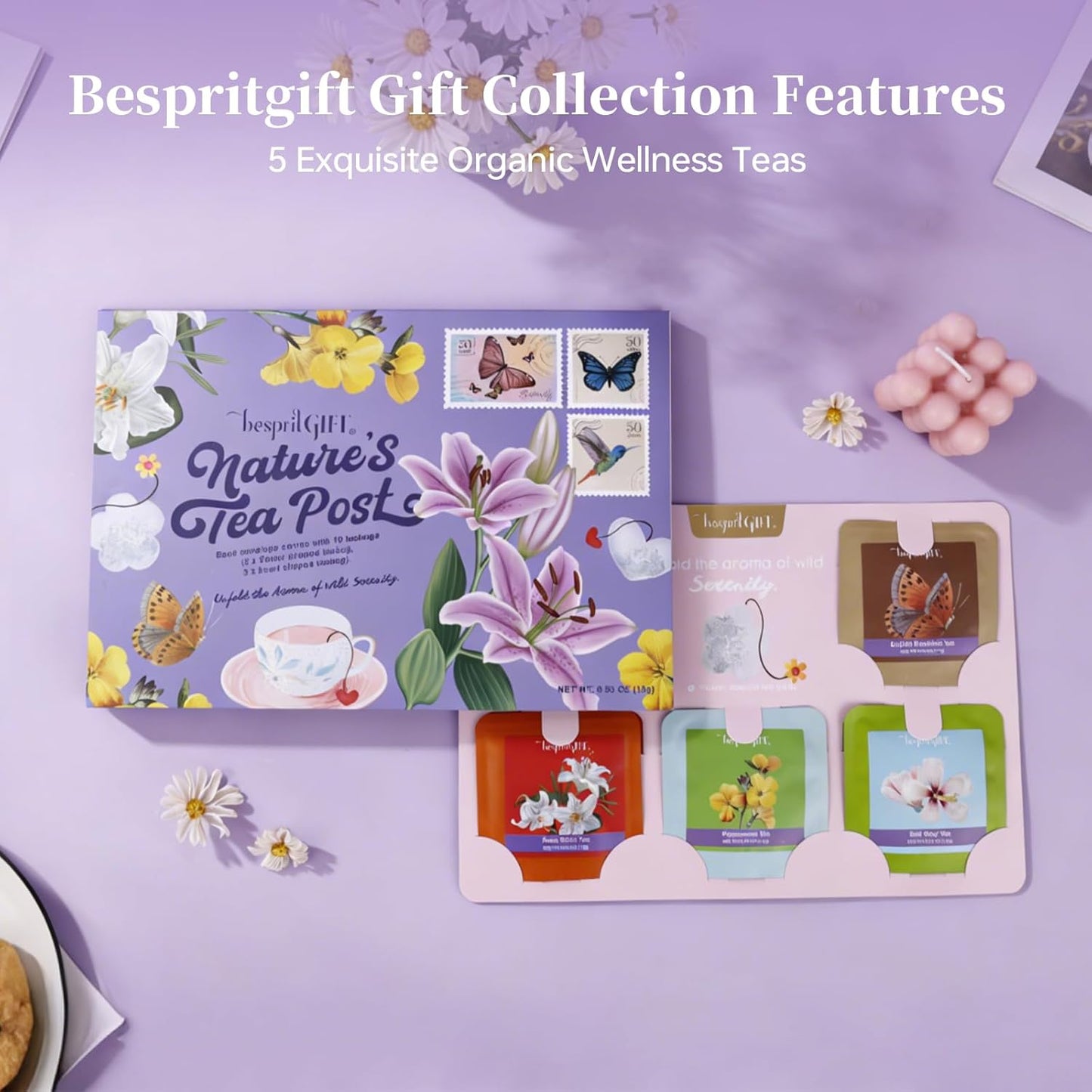 Novelty Tea Bags - 10 Count (5 Heart + 5 Flower Shaped) | 5 Unique Flavors Tea Sampler, Floral-Themed Gift Set for Tea Lovers