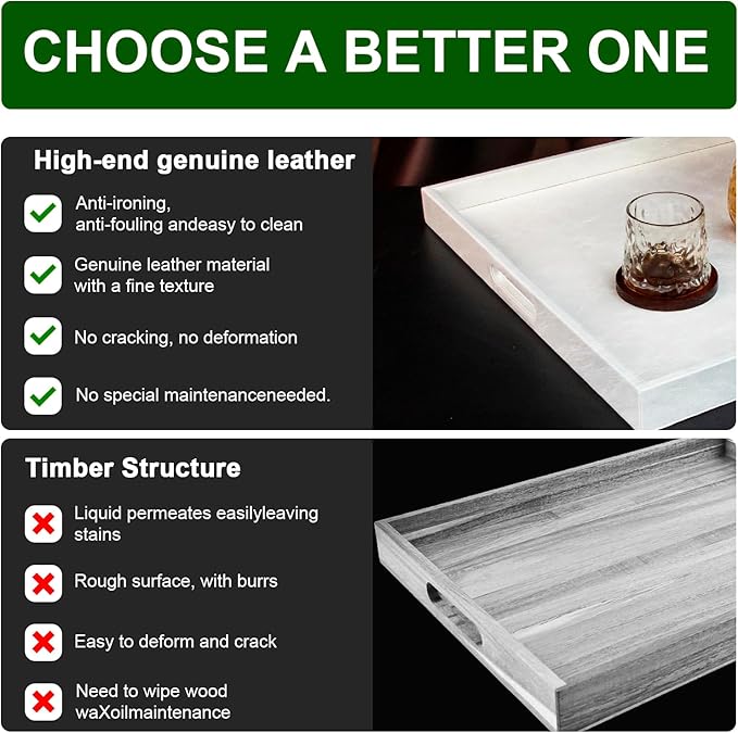 30 * 30 inches Leather Rectangle Serving Tray with Hole Handles,High-End Light Large Service Tray for Ottoman Tray, Tea, Food, Butler - Countertop