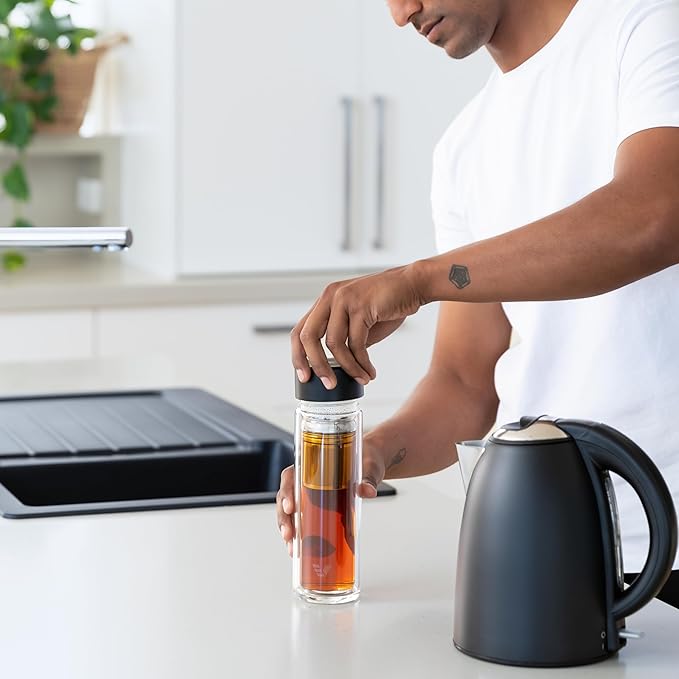 Glass Multi Tea Infuser Bottle 14oz - Double Wall Borosilicate Glass Flask, No Plastic Touches Contents, Perfect for Office or Home - Black