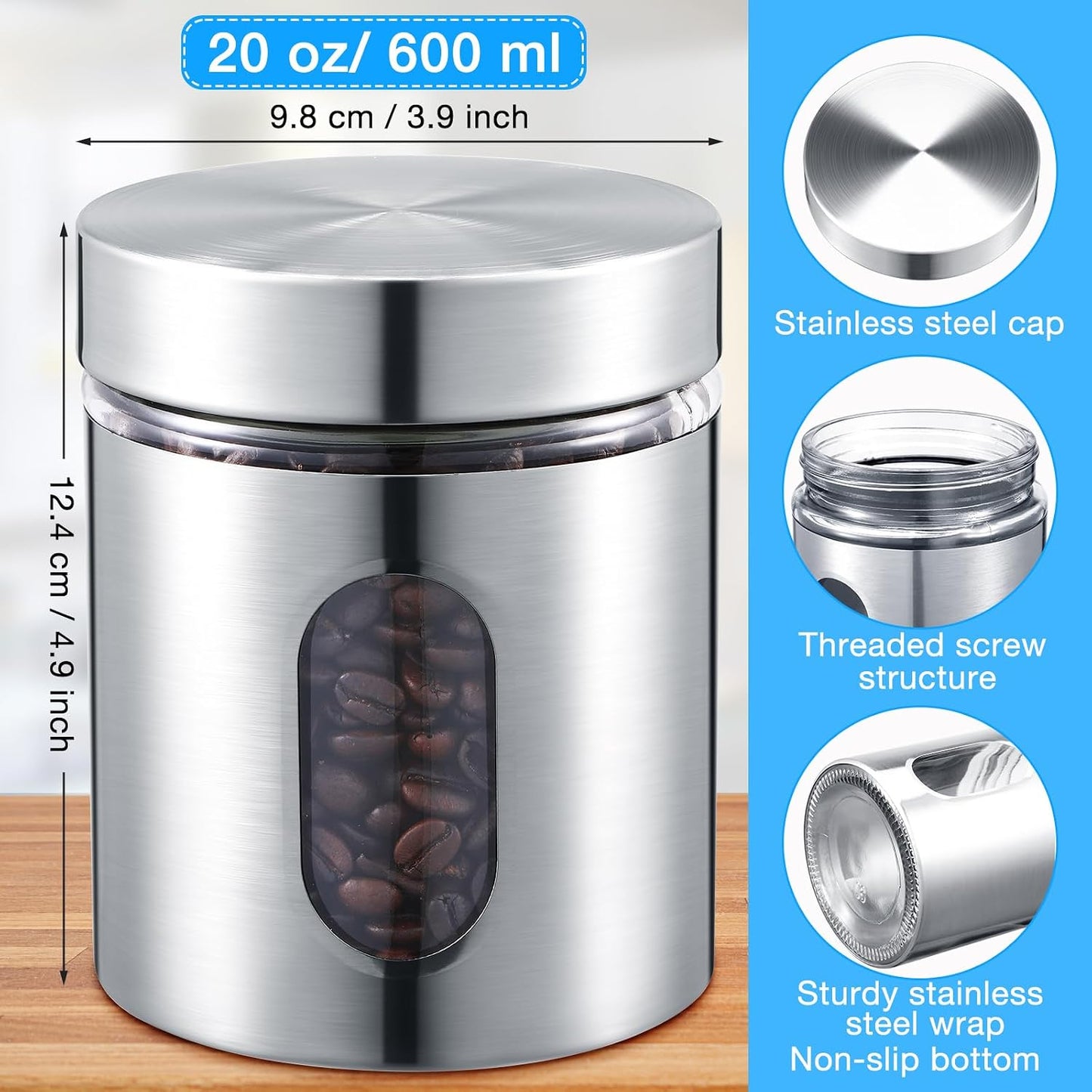 Mimorou 6 Pack 20 oz Airtight Stainless Steel Kitchen Canisters, Silver | Set Window Canister Jars, Coffee Tea Sugar, Quick Refill Check, Pantry Organization, Countertop Storage, Spice and Candy Jars
