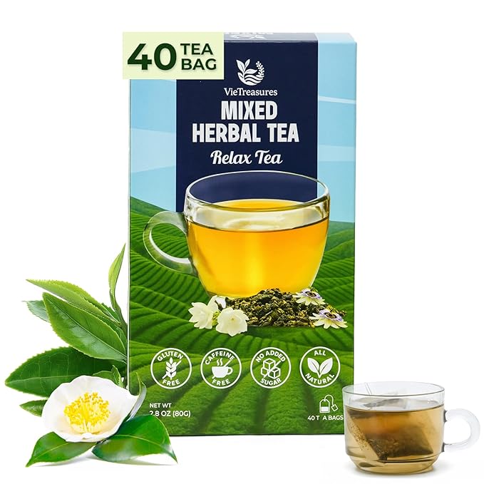 VieTreasures Relax Herbal Tea with Jasmine Oolong – 2.8oz (40 Tea Bags) | Tieguanyin Base with Ampelopsis, Passionflower & Honeysuckle | Jasmine Infusion, Caffeine-Free, Relax & Digestive Support