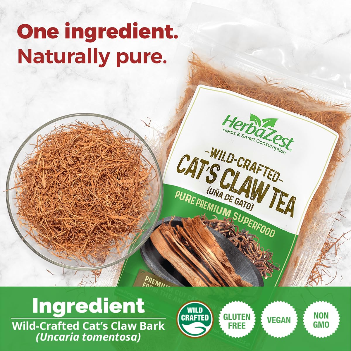 HerbaZest Cat's Claw Tea (Una de Gato), 8 oz – Wild-Crafted, Caffeine-Free