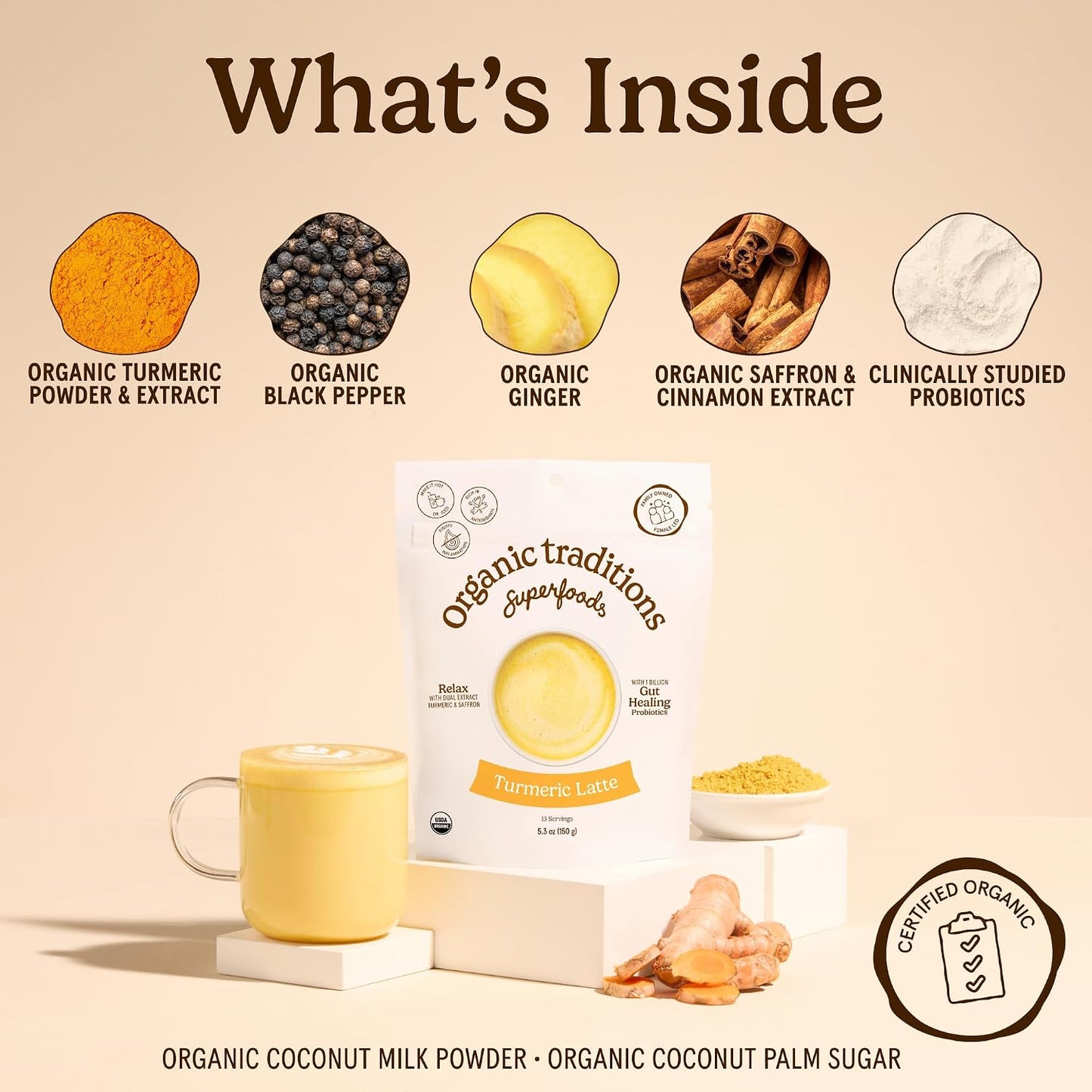 Organic Traditions Turmeric Golden Milk Latte Powder, Coconut Milk, 5.3oz | Coconut Milk with Ginger, Cinnamon, and Saffron, Lightly Sweetened Instant Drink, Includes Probiotics, Vegan Dairy Free Mix