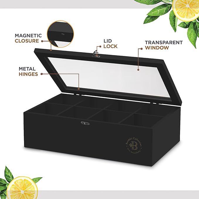 Bambüsi Tea Bag Organizer - Bamboo Tea Box Organizer Storage Box, Tea Bag Holder with Acrylic Window, Magnetic Lid Keeps Tea Bags Fresh