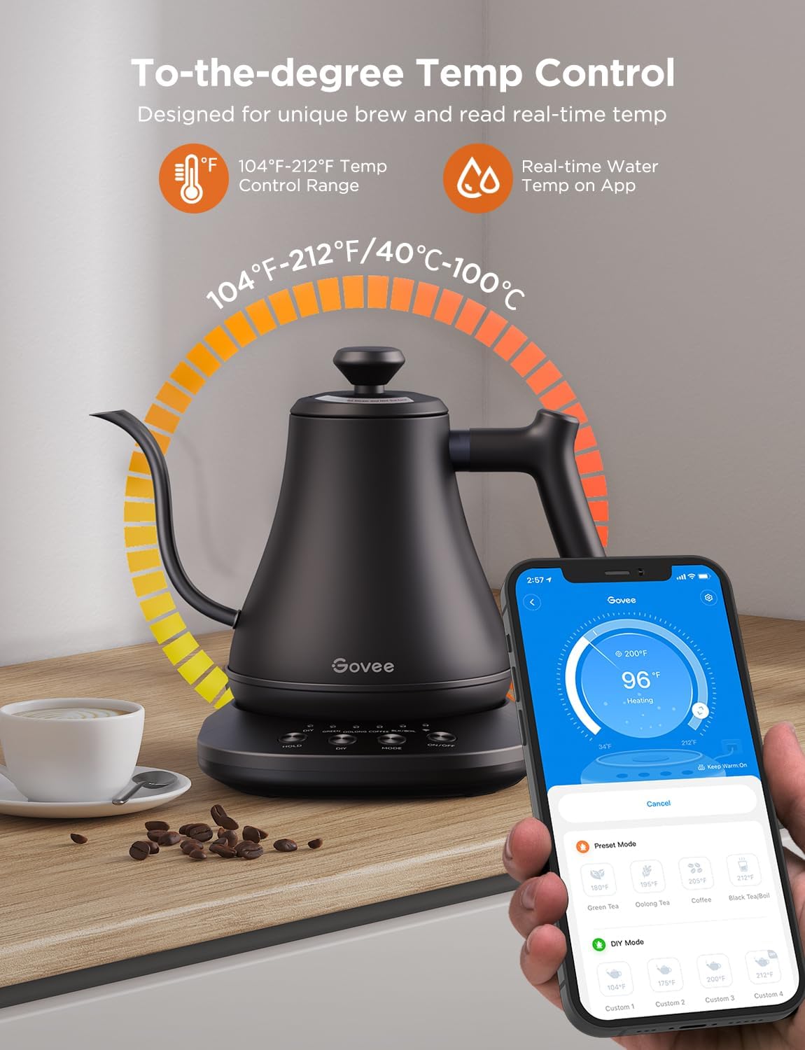 Govee Smart Electric Kettle, WiFi Variable Temperature Gooseneck Tea Kettle | Pour Over Kettle and Electric Tea Kettle, Alexa Control, 1200W Quick Heating, All Stainless Steel, 0.8L Matte Black