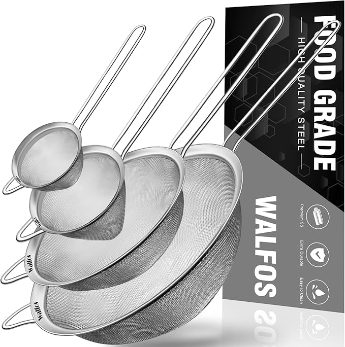 Walfos Fine Mesh Strainer 4PCS, Versatile Kitchen Strainer with Handle - 7", 4.6", 3.15", 2.7" Sieve Fine Mesh Stainless Steel