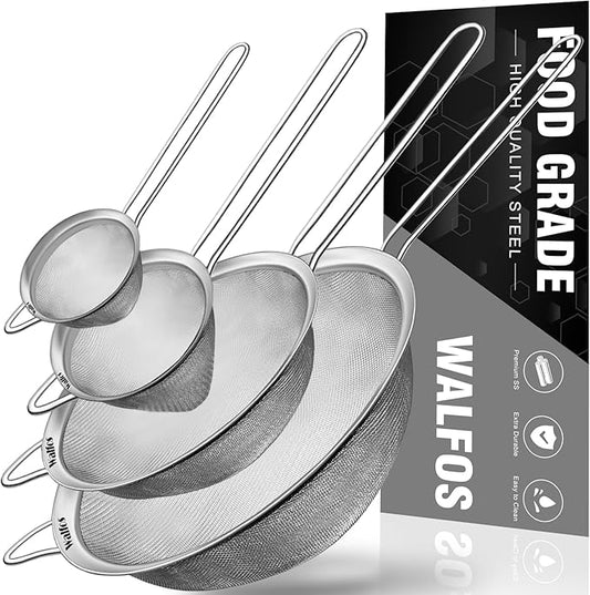 Walfos Fine Mesh Strainer 4PCS, Versatile Kitchen Strainer with Handle - 7", 4.6", 3.15", 2.7" Sieve Fine Mesh Stainless Steel