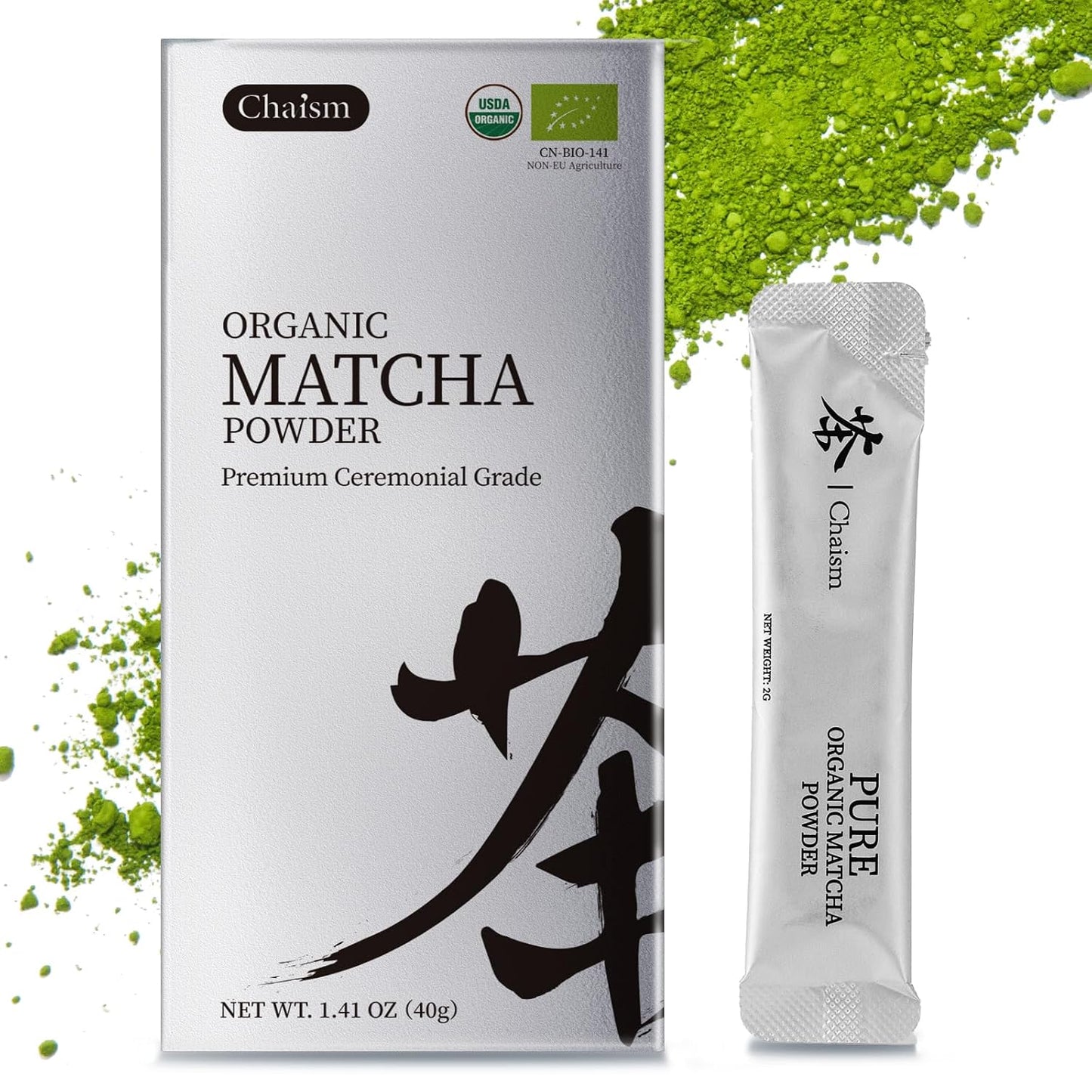 Chaism Organic Ceremonial Grade Matcha Packets | Rich Smooth Umami Flavor, Single Serve Sticks, Vegan Gluten-Free Unsweetened for Latte Smoothies, 20 Packets