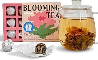 The-Qi Inner Beauty Peony Blooming Flower w/Green Tea – 9 Pcs Handpicked All Natural Blooming Flower Tea – Peony & Globe Amaranth Blend Qi Gift Set for Relaxation & Wellness – Makes 27 Cups