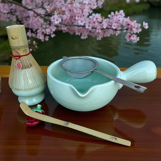 Happy Path & CO Matcha Whisk Set – 6 Pcs Matcha Tea Set Includes Bamboo Whisk(Chasen) & Holder,Bowl with Spout,Sifter,Scoop & Stand