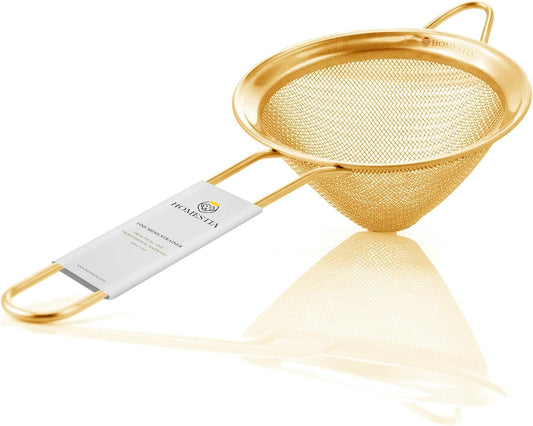 Homestia 304 Stainless Steel Fine Mesh Strainer, Sieve Sifter For Tea, Gold | 3.3'' Kitchen Small Strainer Fine Mesh, Cone Cocktail Strainer, Bar Strainer for Food, Rice, Fruits, Juicing, Drinks, Coffee