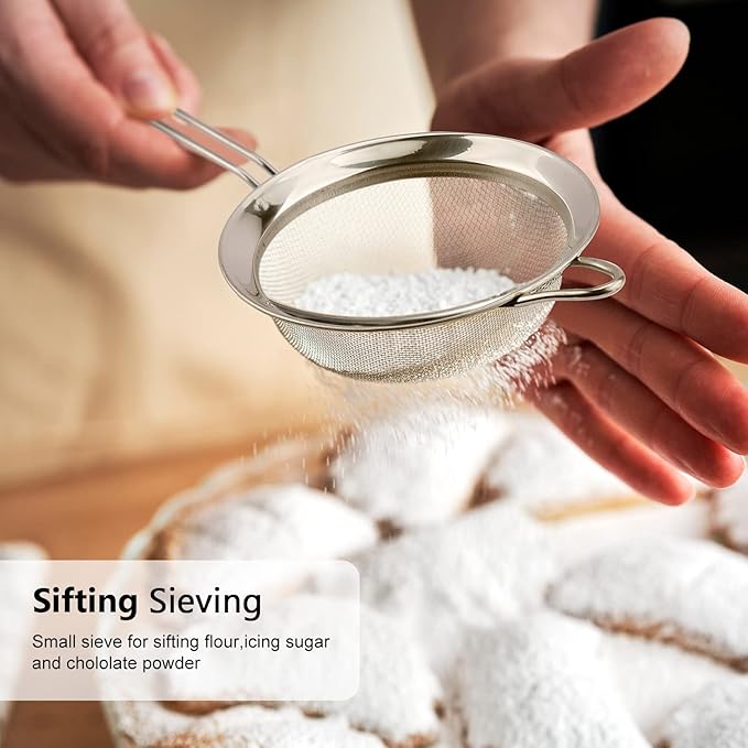 D Fine Mesh Strainer, Stainless Steel Sieve Sifter with Handle, Small Metal Strainer for Loose Tea, Juice, Drink, Herbs, Mini Sifter for Flour