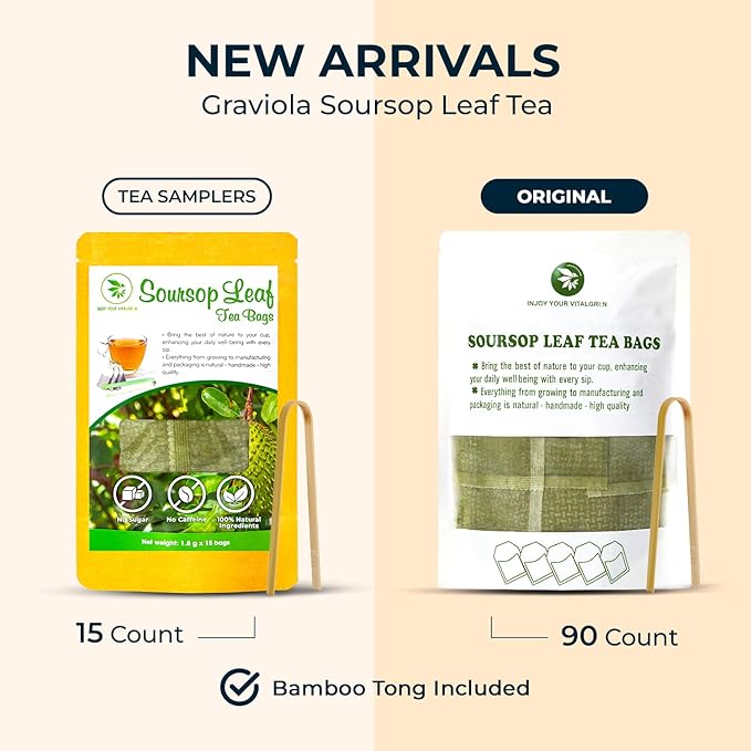 Soursop Graviola Leaf Tea Samplers - 15 Count, Bamboo Tong Included, No Sugar Added, No Caffeine