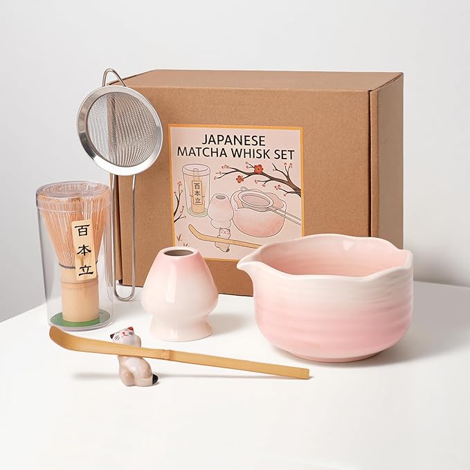 Pink Matcha Kit, 6 Pcs Pink Matcha Whisk Set, Christmas Gift, Matcha Bowl with Spout(18 OZ) & Macha Whisk and Holder, Matcha Bowl and Whisk set