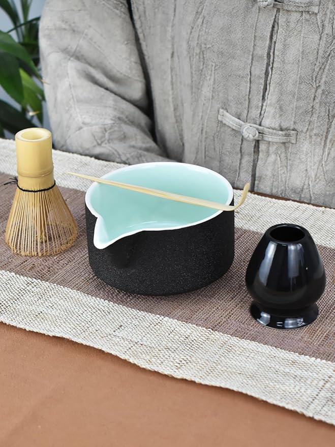 Artcome Premium Matcha Tool Set Black, Includes Matcha Bowl with Spout, Whisk, Holder, Scoop & Manual
