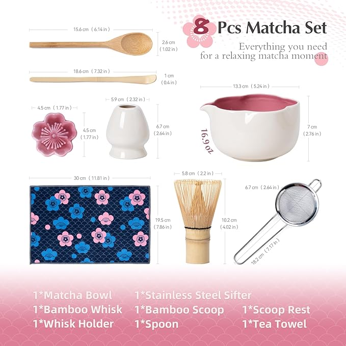 Matcha Set, 8Pcs Floral Ceramic Matcha Set with Matcha Whisk, Holder, Scoop, Scoop Rest, Sifter, Spoon and Tea Towel - Thoughtful Matcha Whisk Set Gift for Matcha Lovers (Beige & Pink)