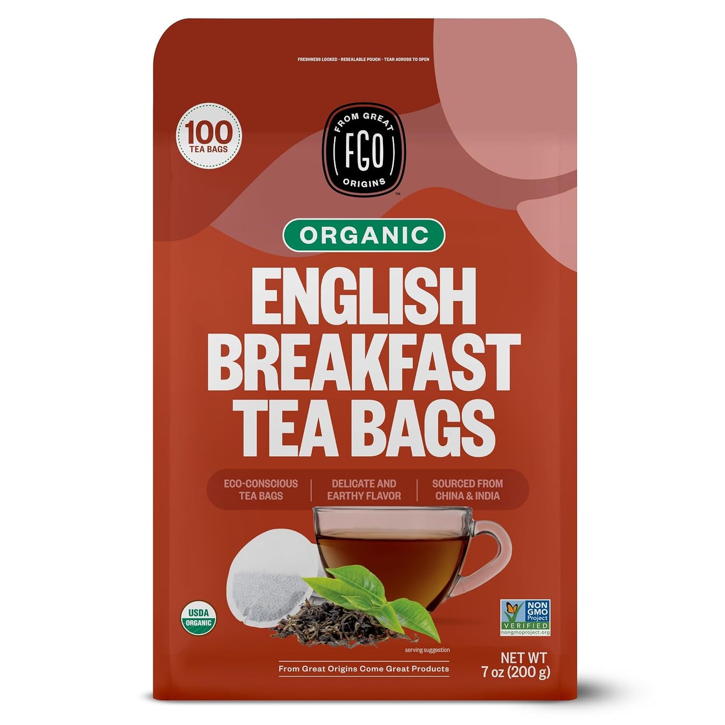 FGO Organic English Breakfast Black Tea, 100 Count, Eco-Conscious Tea Bags, Resealable Bag