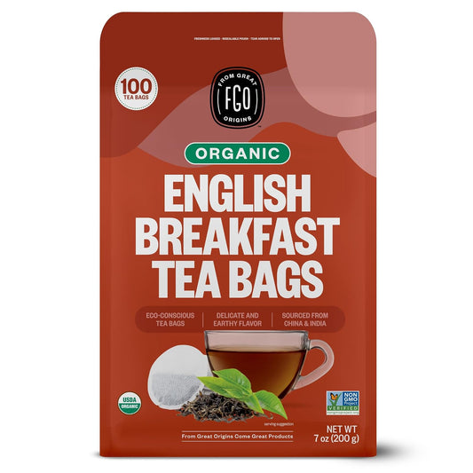 FGO Organic English Breakfast Black Tea, 100 Count, Eco-Conscious Tea Bags, Resealable Bag