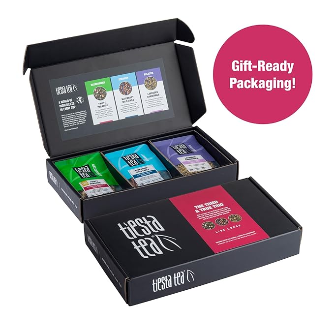 Tiesta Tea - Top Loose Leaf Tea Gift Box, Medium Caffeinated Assorted Blends, 3 Pouched Bags for Hot & Iced Brews Variety Pack, Green, Herbal, Fruity & Lavender