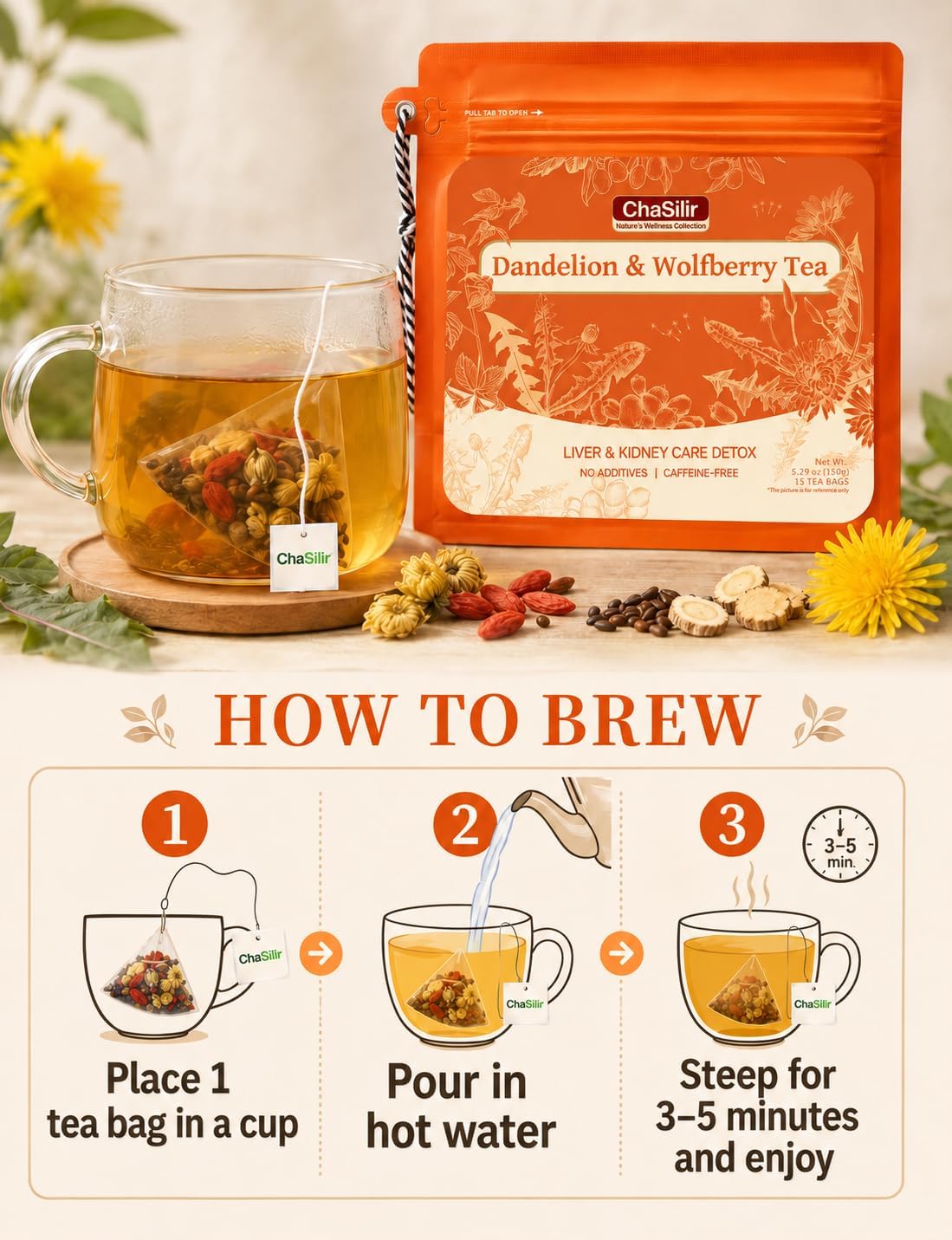 ChaSilir Organic Dandelion Root &amp; Wolfberry Detox Tea Bags - Liver &amp; Kidney Health Support, 15 Compostable Corn Fiber Bags (Caffeine-Free, Plastic-Free, Cleanse &amp; Repair Formula)
