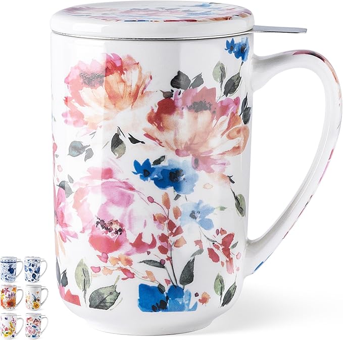 Gbhome Tea Mug with Infuser and Lid, 18 Ounce Large Ceramic Loose Leaf Cup, Microwave, Dishwasher Safe, Perfect For Tea Lovers