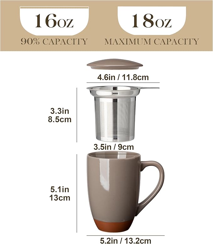 Malacasa Ceramic Tea Mug with Lid and Stainless Steel Infuser, 18 oz Large Tea Cup for Loose Leaf Tea, Heat-Resistant, Microwave & Dishwasher Safe