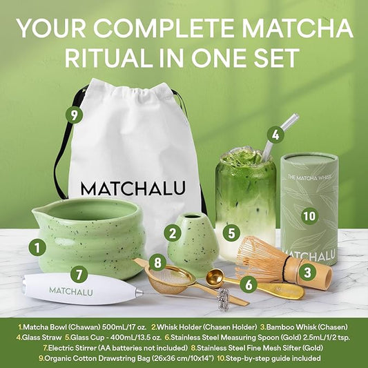 Matcha Whisk Set With Ceramic Matcha Bowl, Bamboo Whisk & Holder, Stainless Steel Spoon & Sifter, Glass Cup & Straw, Electric Frother, Storage Bag - Gift for Matcha Lovers (Premium 9-Piece Set Green)