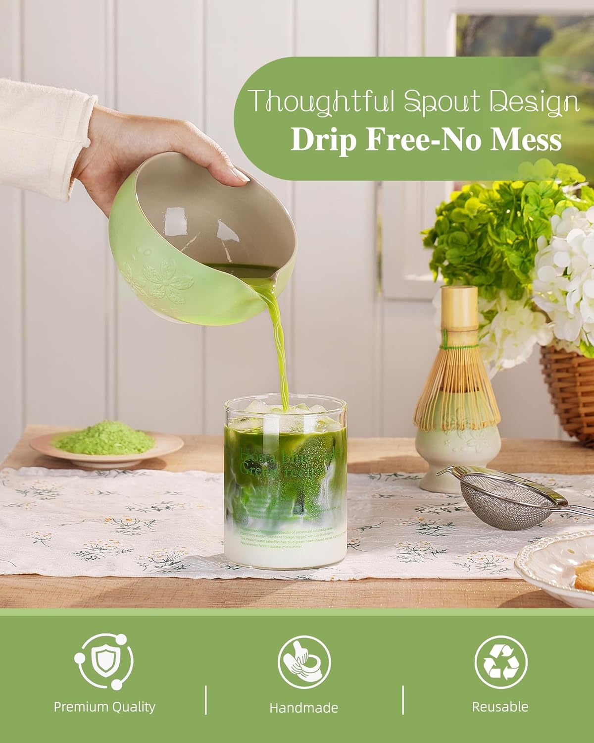 ZENS Premium Matcha Whisk Set, 6pcs Matcha Kit for Matcha Latte, Green | Ceramic Matcha Set Icludes Ceramic Bowl, Bamboo Whisk, Chasen Holder, Scoop, 304 Sifter &amp; Tea Mat, Japanese Tea Ceremony
