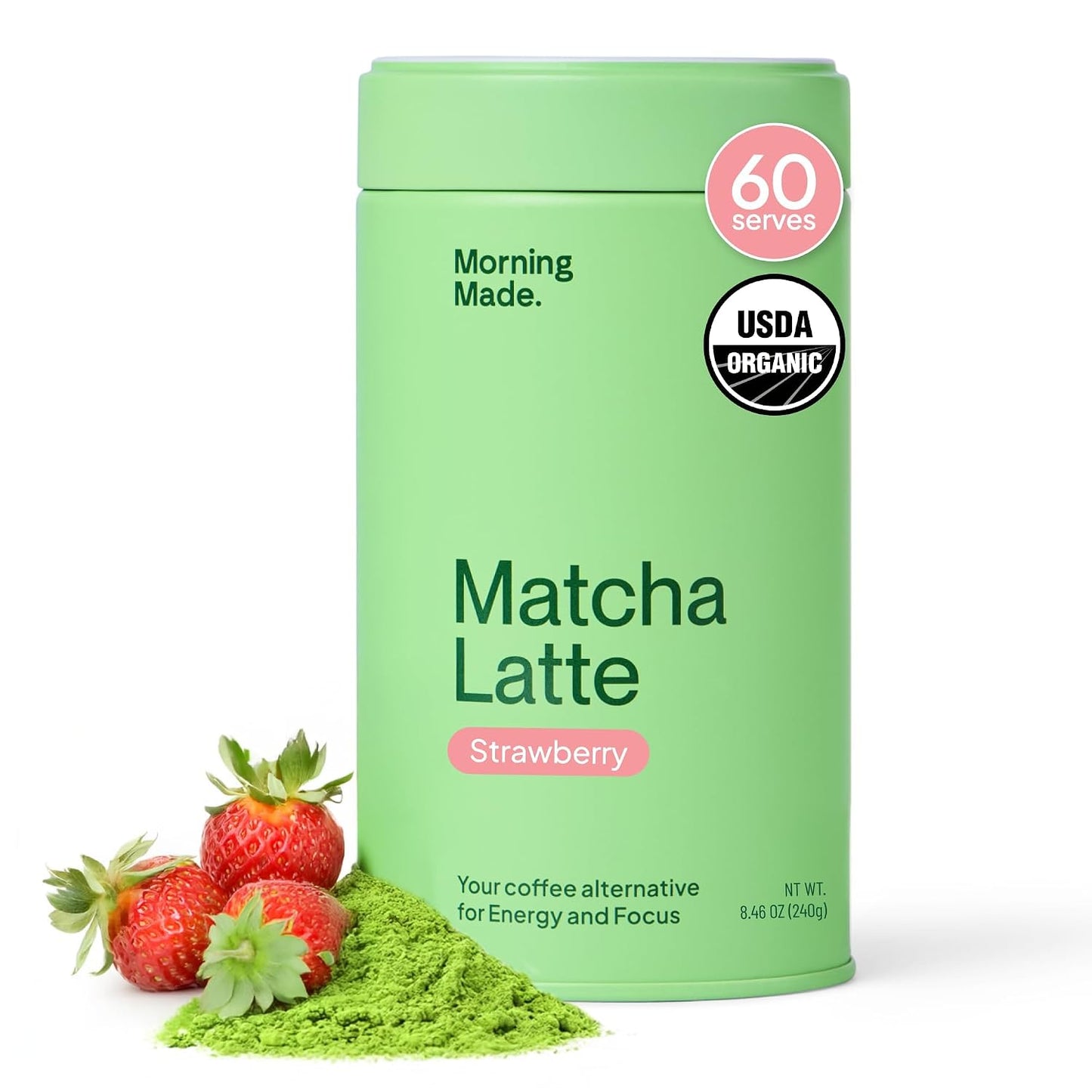 Morning Made 10.6 oz Strawberry Ceremonial Grade Matcha Powder - 60 Servings, Sweetened, USDA Organic
