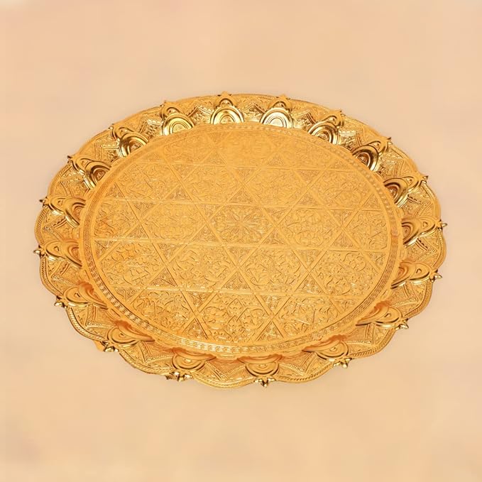 Alisveristime Turkish Ottoman Coffee Tea Beverage Serving Zamac Tray (34cm - 13,38inch) (750 Gram - 1,65 pounds) (Gold)