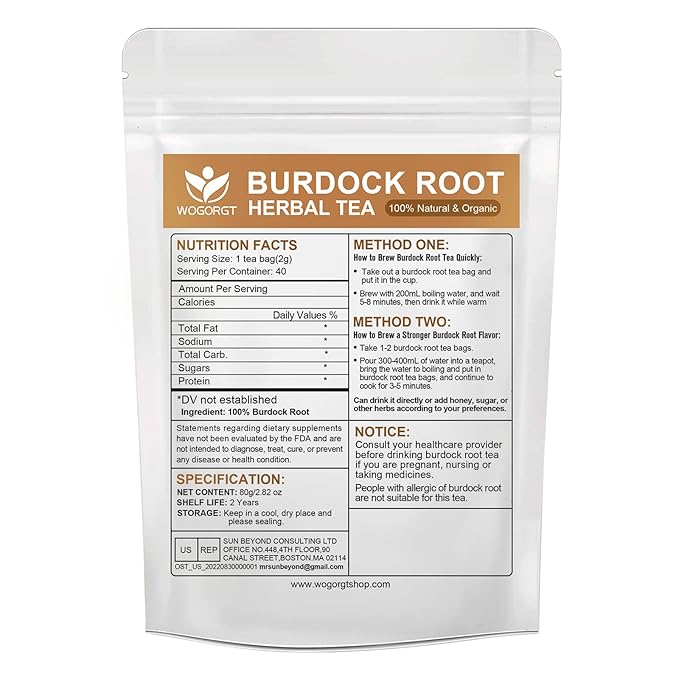 Burdock Root Tea - Natural Burdock Root Herbal Tea Bags for Antioxidant, Digestion and Immune Support, Caffeine Free - 40 Tea Bags
