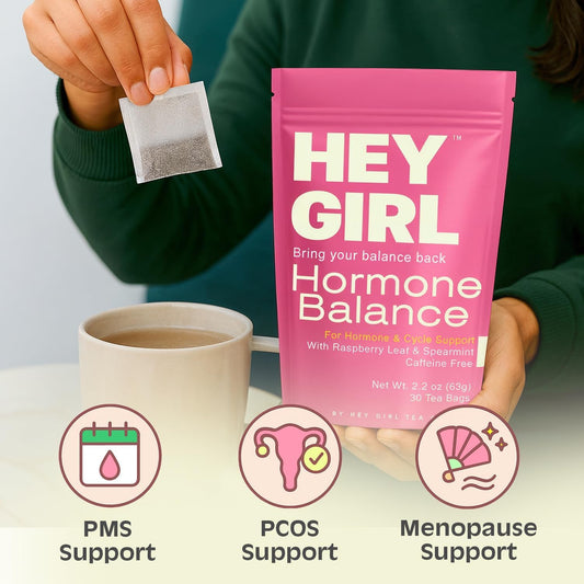 Hey Girl Hormone Balance Tea for Women, Spearmint &amp; Red Raspberry Leaf with Chamomile &amp; Ginger - Herbal PCOS Tea, Perimenopause, Cycle &amp; PMS Support, Caffeine Free, 30 Tea Bags