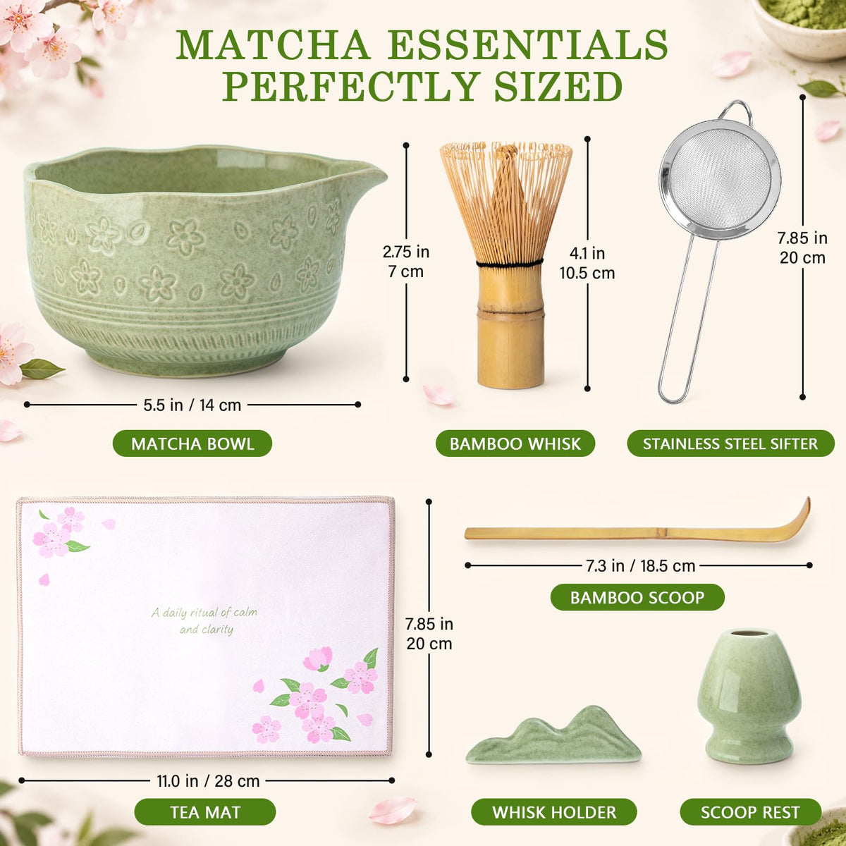 ALBISS Matcha Whisk Set, 7Pcs Ceramic Matcha Kit with Cherry Blossom Design