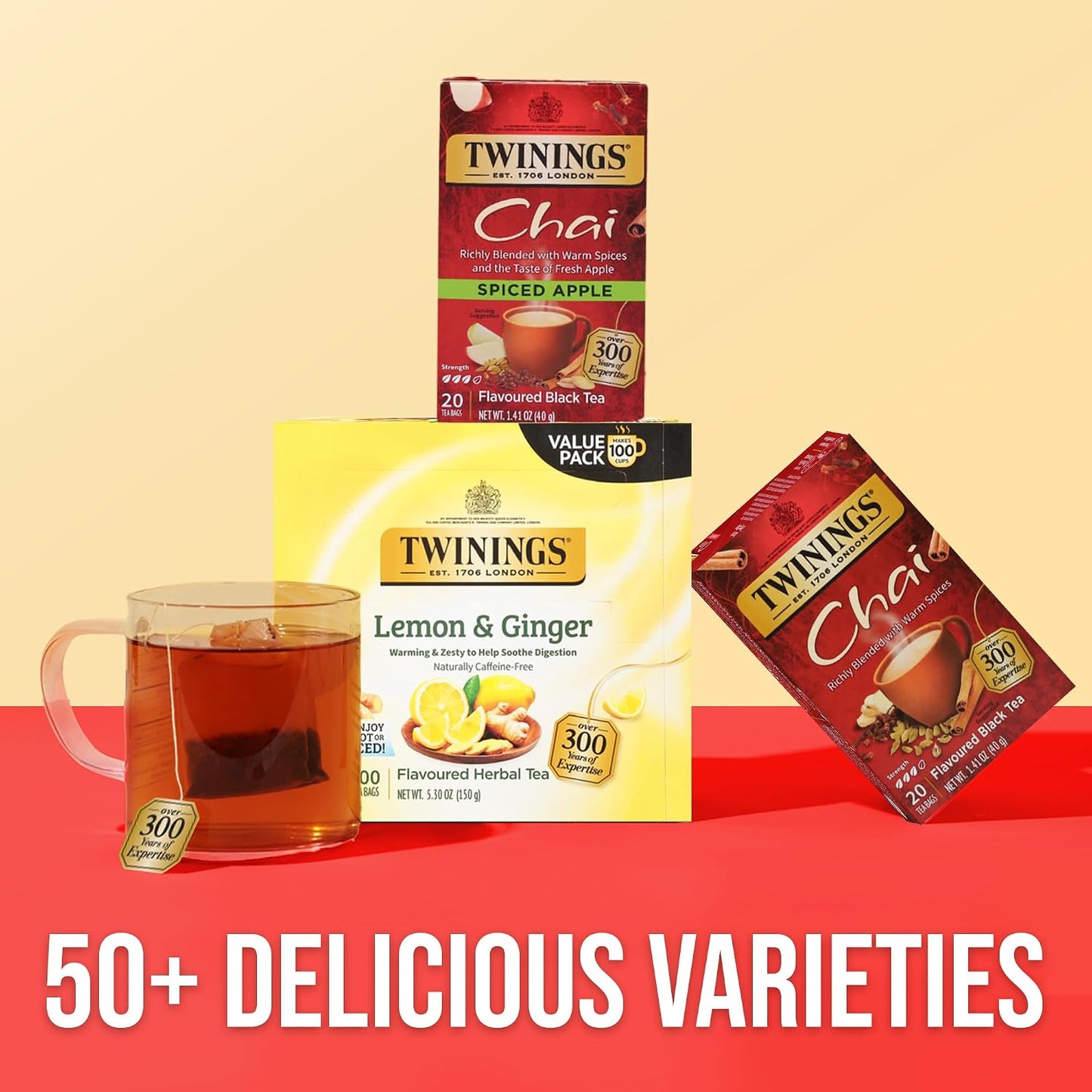 Twinings Spiced Apple Chai Black Tea Bags, 20 CT Box (6 Pack) | Fresh Apple Taste With Cinnamon, Ginger, Cardamom, Clove, Naturally Caffeinated, 120 Foil Lined Individually Wrapped Bags